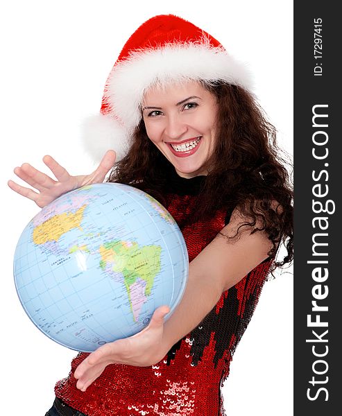 Smiling christmas girl holding globe wearing Santa hat. Isolated on white background. Smiling christmas girl holding globe wearing Santa hat. Isolated on white background.