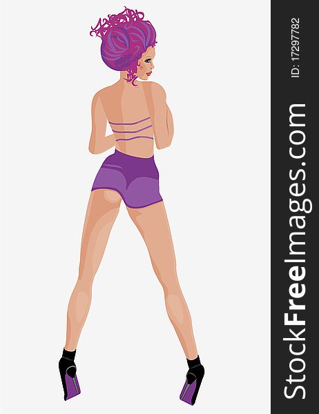 Illustration of a young woman with up-do purple hair, wearing a violet mini dress and high-heeled ankle boots. She is striking a provocative pose, looking over her shoulder. Illustration of a young woman with up-do purple hair, wearing a violet mini dress and high-heeled ankle boots. She is striking a provocative pose, looking over her shoulder.