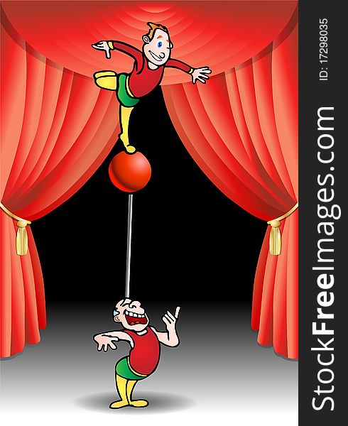 Two man doing balanced acrobat on stage illustration. Two man doing balanced acrobat on stage illustration