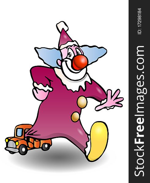 Purple funny clown come out from a tiny car illustration