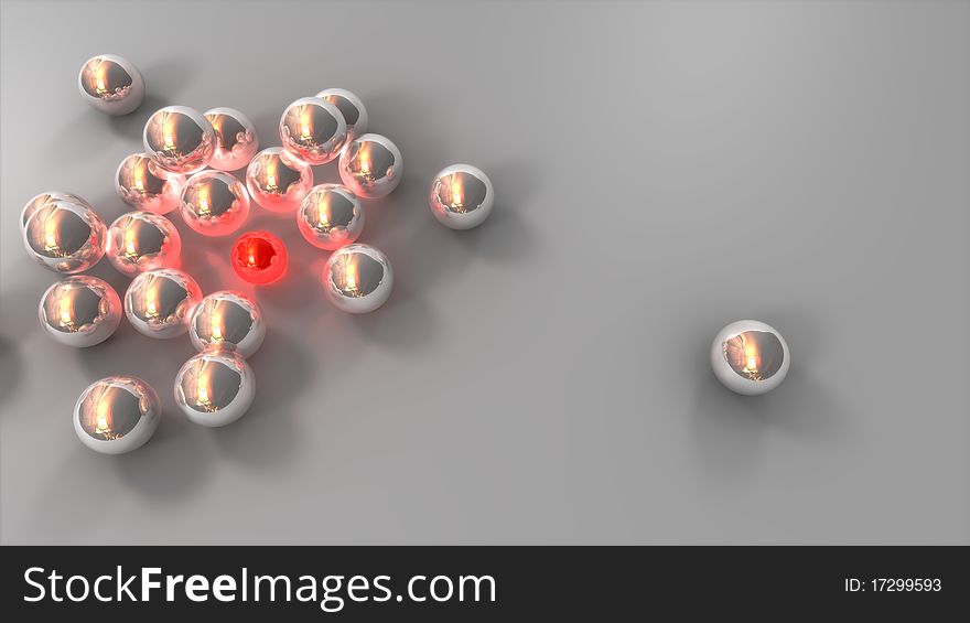 Silver balls all crowding around one red glowing ball. Silver balls all crowding around one red glowing ball.
