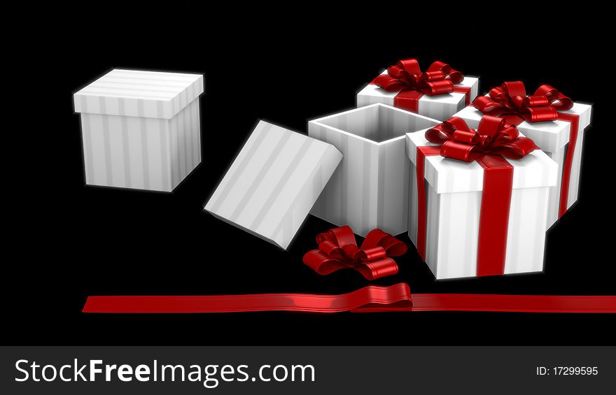 White and grey striped gift boxes in dark room with red ribbons. White and grey striped gift boxes in dark room with red ribbons