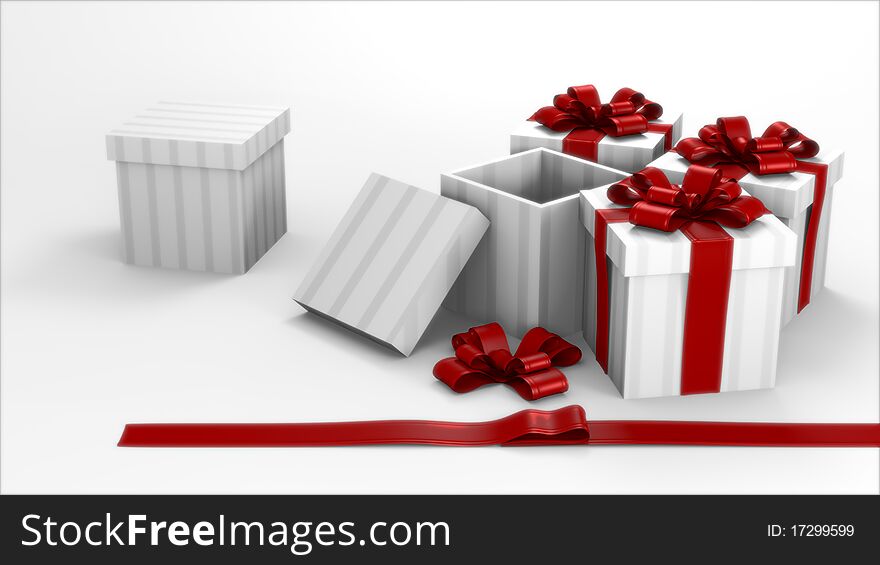 White and grey striped gift boxes in a bright room with red ribbons. White and grey striped gift boxes in a bright room with red ribbons