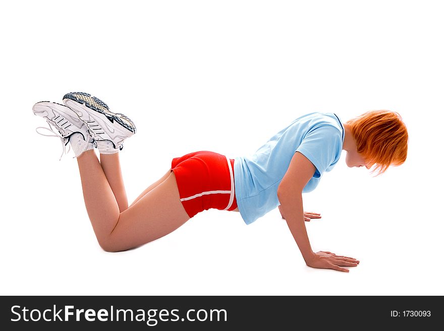 Pretty fitness girl over white background
