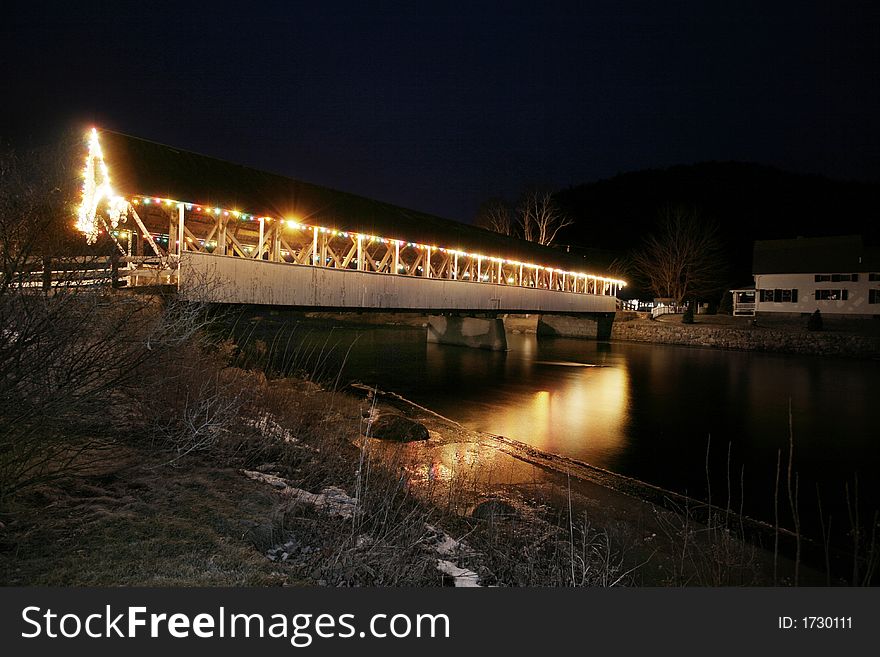 Old New England Covered Bridge At Night