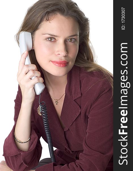 Pretty brunette secretary with telephone headset. Pretty brunette secretary with telephone headset