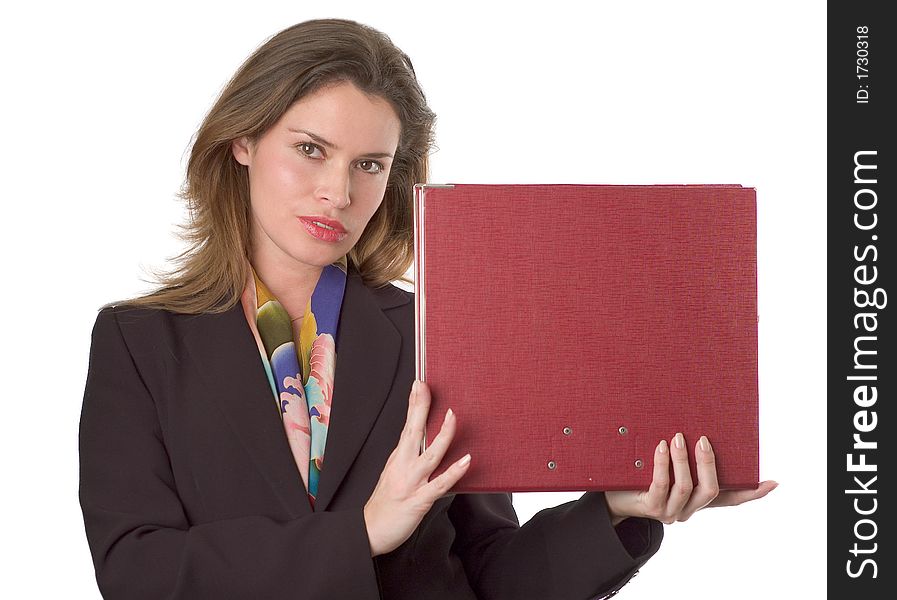 Business woman holding papers in left hand. Business woman holding papers in left hand