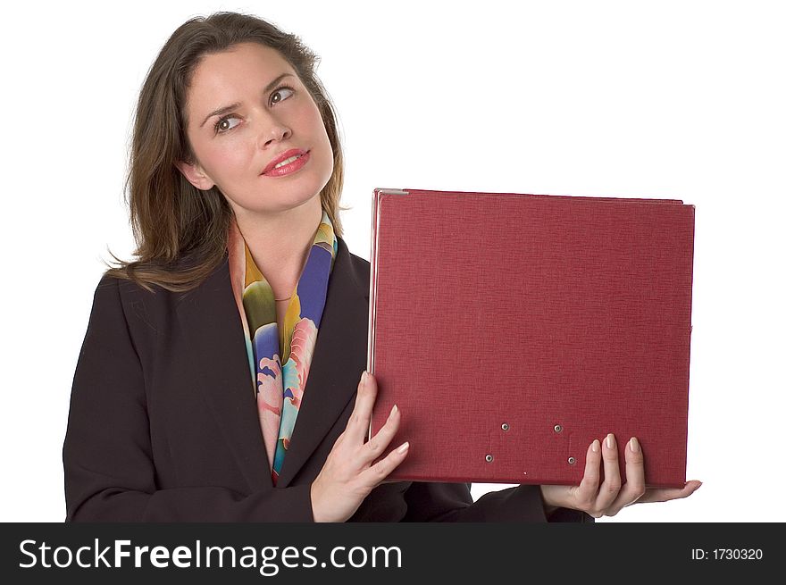 Business woman holding papers in left hand. Business woman holding papers in left hand
