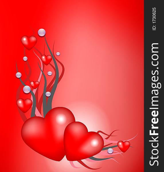 Hearts on the red background with the bubbles