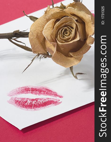 St Valentine note with a dried flower and a kiss print. St Valentine note with a dried flower and a kiss print