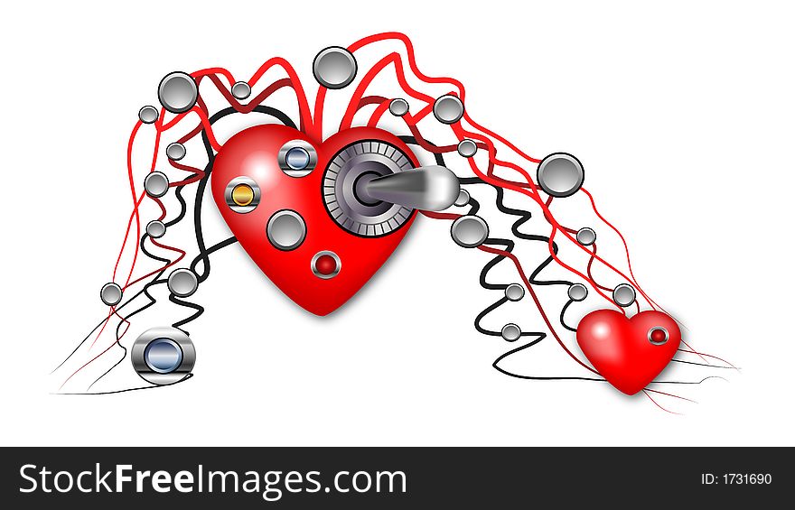 Valentine heart with many buttons and shapes on the white background