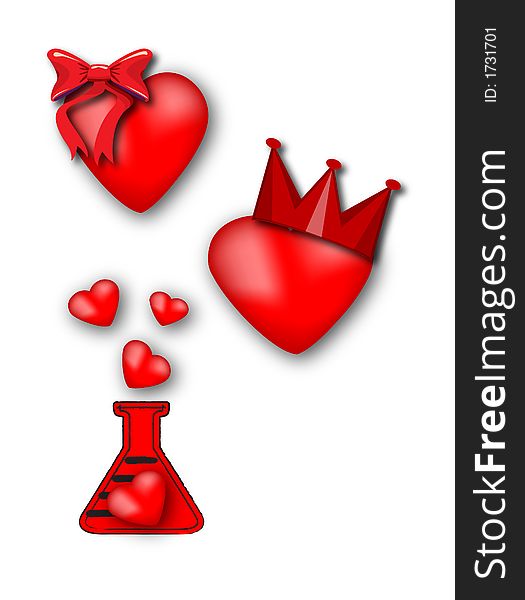 Hearts and other symbol in the red on the white background. Hearts and other symbol in the red on the white background