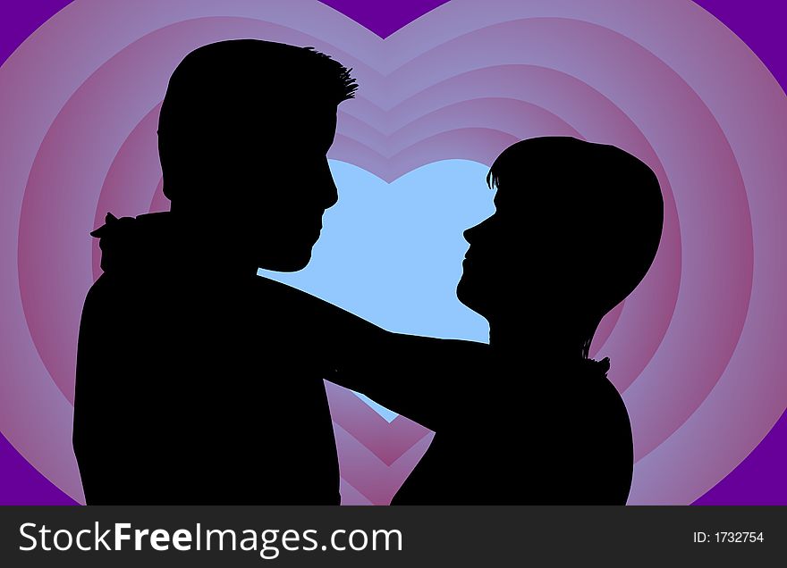 Romantic Couple Silhouette in front of hearts