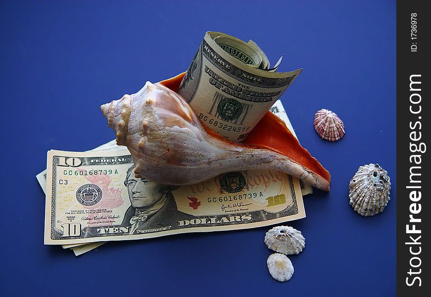 USD notes rapped in a seashell atop ten dollar notes against blue background with lighting effects and sea shell strewn about. USD notes rapped in a seashell atop ten dollar notes against blue background with lighting effects and sea shell strewn about.