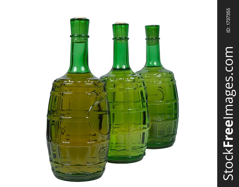 Three bottles of white wine, isolated on white, clipping path included