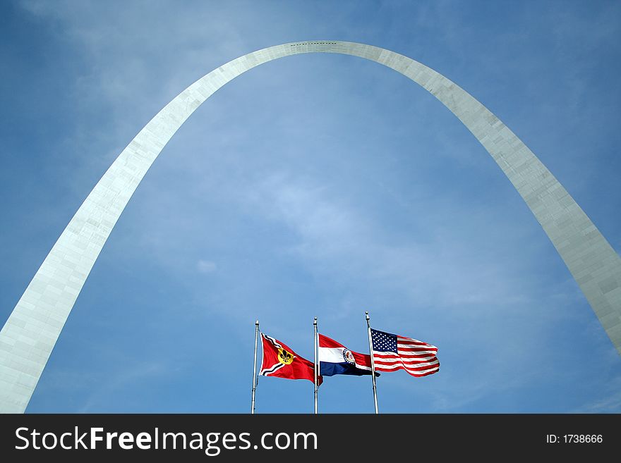 The Arch in St Louis, Missouri with flags