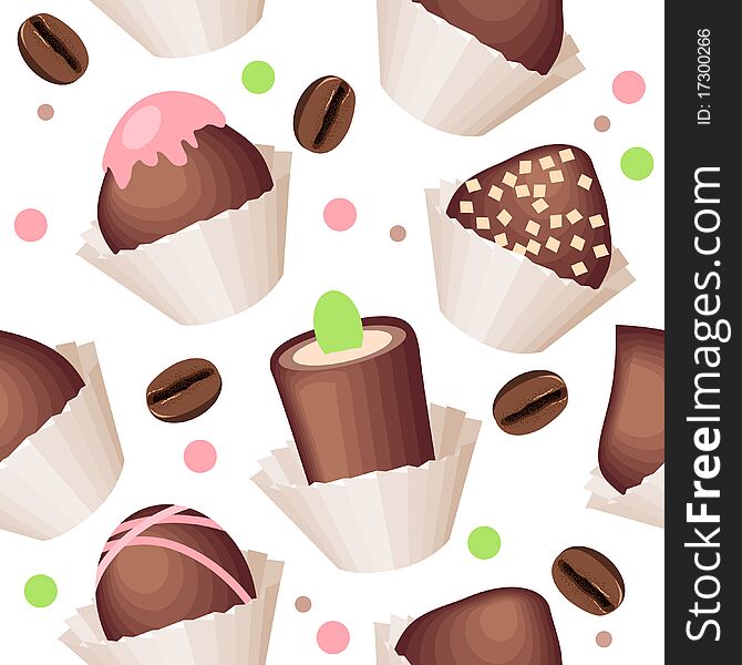 Seamless pattern with chocolate sweets and coffe beans