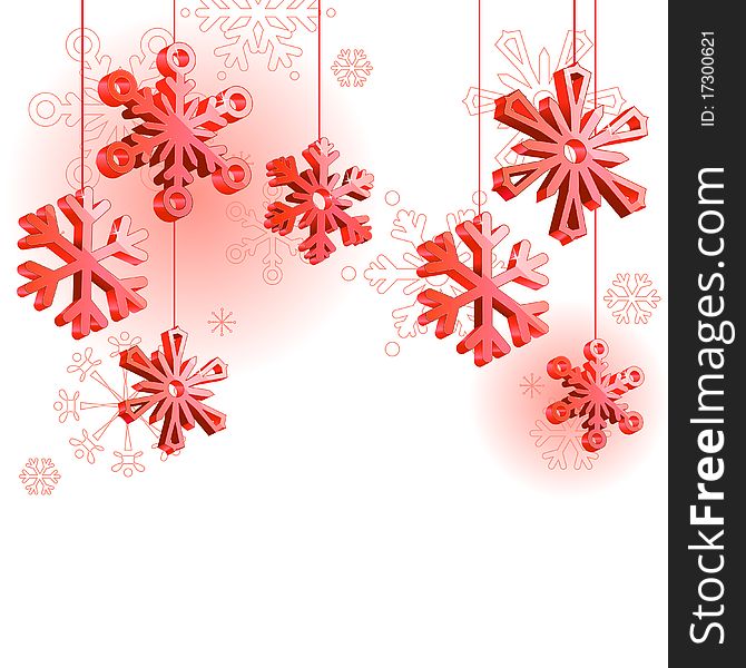 Christmas winter background with red hanging snowflakes. Christmas winter background with red hanging snowflakes