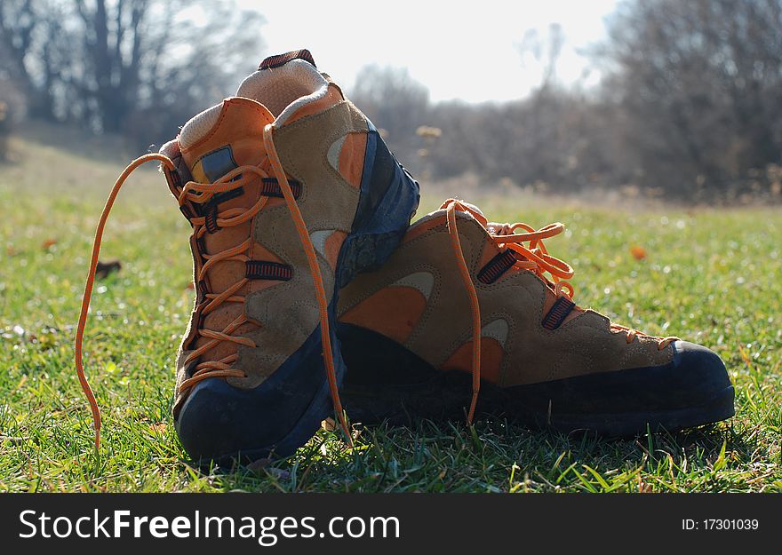 Autumn. Crimean hiking. Climbing shoes in backlit
