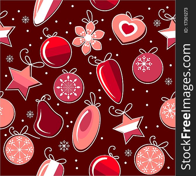 Seamless red pattern with christmas decoration and snowflakes. Seamless red pattern with christmas decoration and snowflakes