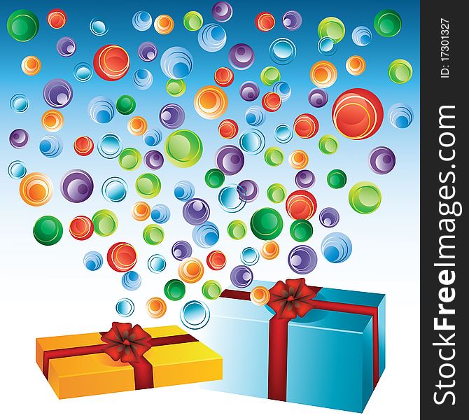 Gift packaging on a background of colored bubbles. Gift packaging on a background of colored bubbles.