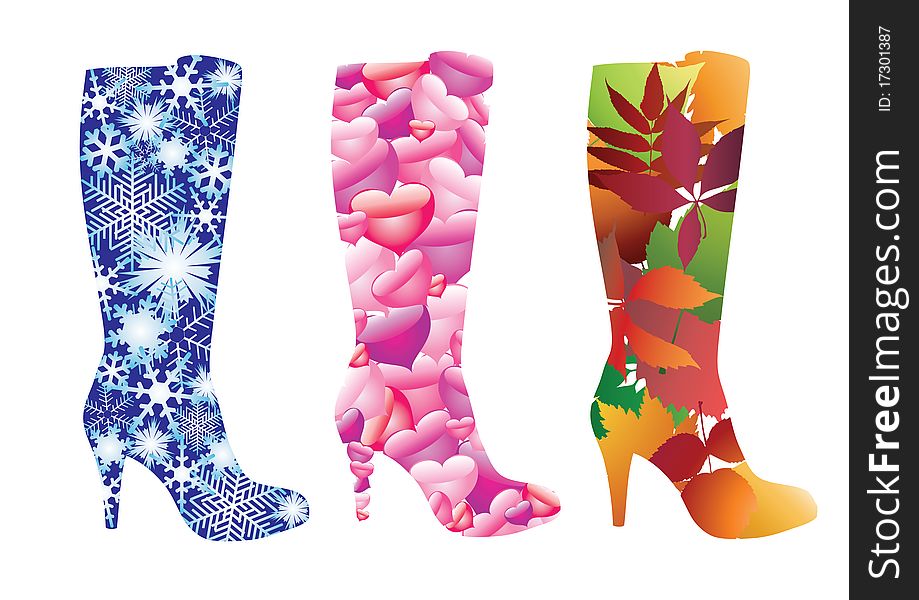 Women's boots, decorated with snowflakes, leaves and hearts. Women's boots, decorated with snowflakes, leaves and hearts.