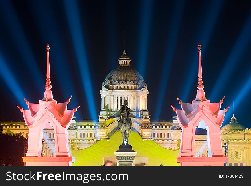 The Ananda Samakhom Throne Hall in Bangkok, with the Rama V statue in the foreground, during the celebration of the 83rd birthday of His Majesty King Bhumibol Adulyadej.