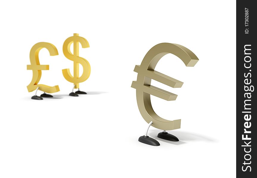 3d illustration of the euro being sad because the dollar and pound won't play with him
