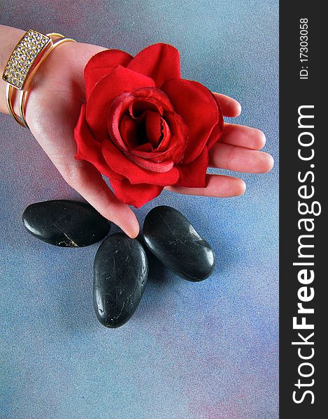 Spa concept with hand of a woman holding red rose and spa stones. Spa concept with hand of a woman holding red rose and spa stones.