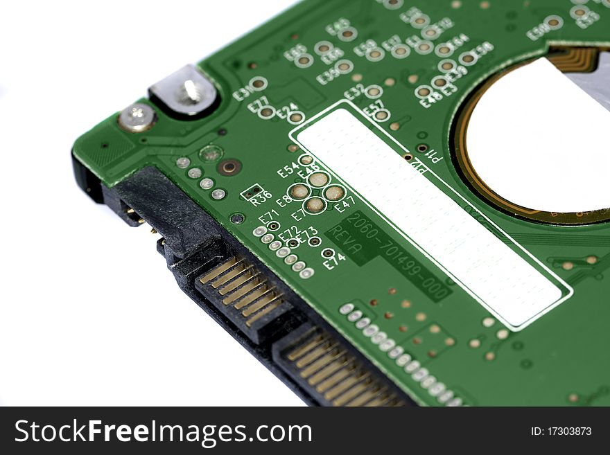 Close view detail of a laptop harddisk isolated on a white background.