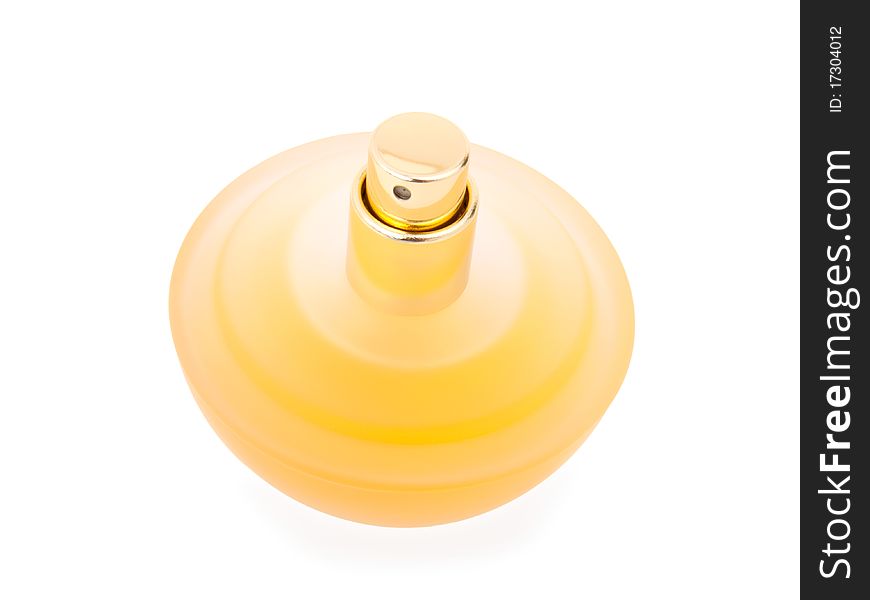 Yellow beautiful bottle of perfume, isolated on the white background