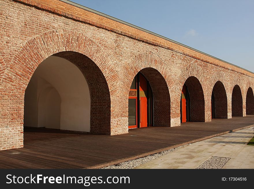 Renovated medieval brick fortress detail