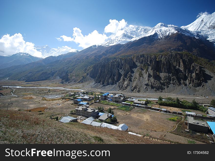 Nepali Small Village Under Snow Peaks