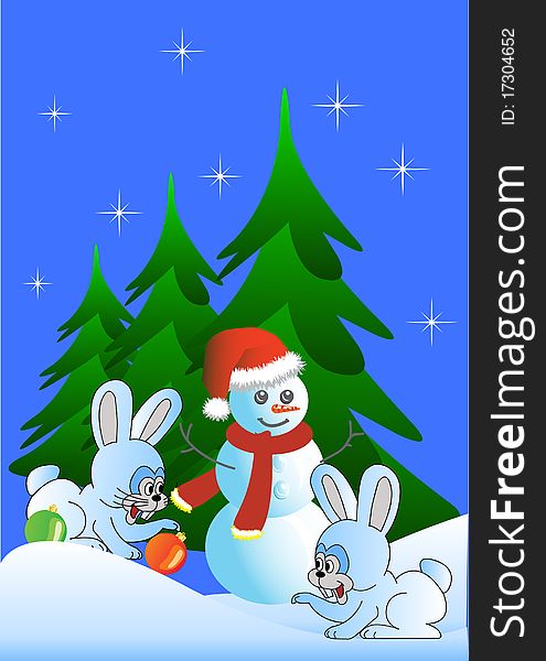 Hares congratulate on Christmas, behind there is a snowman against fur-trees. A . Hares congratulate on Christmas, behind there is a snowman against fur-trees. A .