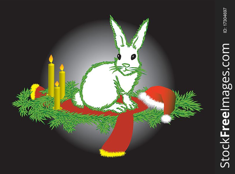 The white hare with a contour fur-tree needles congratulates on Christmas