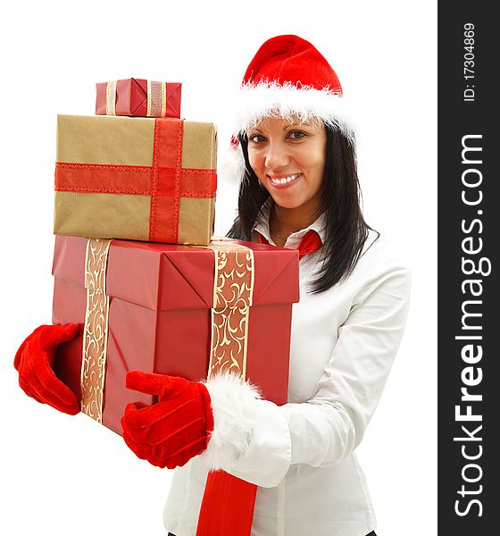 Smiling young woman with santa hat and red tie having gifts in her hands. Smiling young woman with santa hat and red tie having gifts in her hands