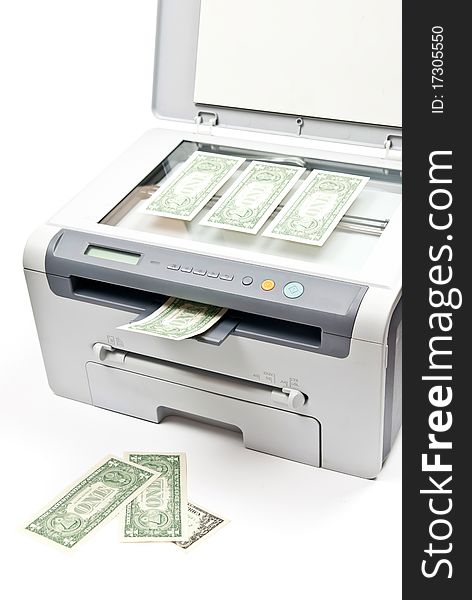 Grey computer laser printer and dollars isolated on white background. Grey computer laser printer and dollars isolated on white background