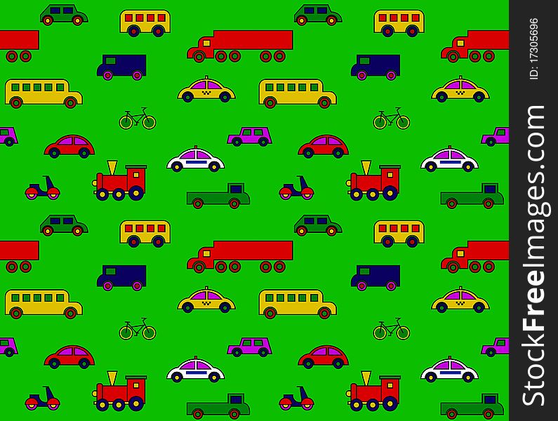 Transport on a green background, seamless pattern, vector. Transport on a green background, seamless pattern, vector