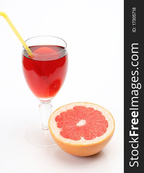 Ripe fruit and juice on a white background