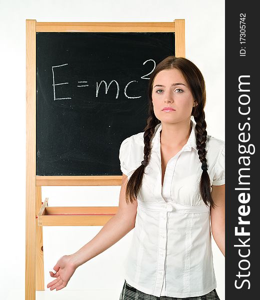 Young woman & blackboard, education, classroom