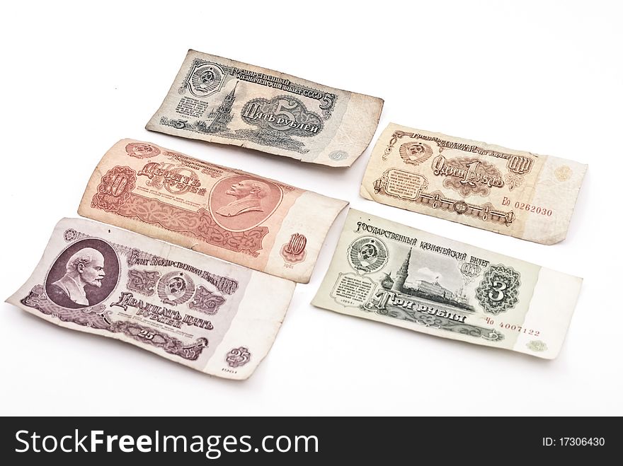 Old soviet money on white background