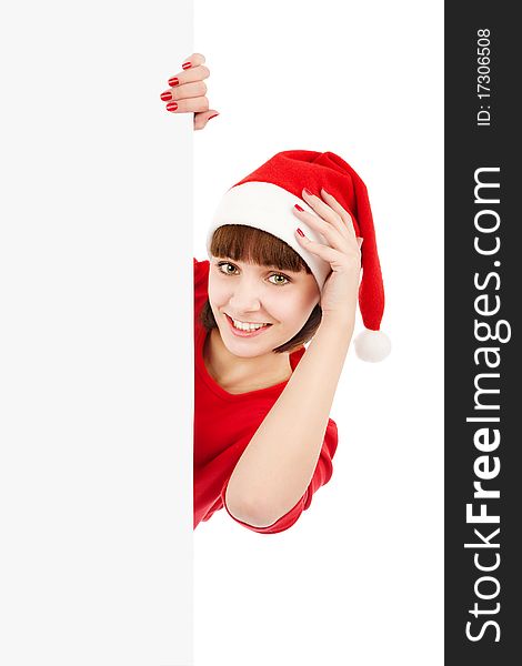 Santa woman holding blank sign billboard