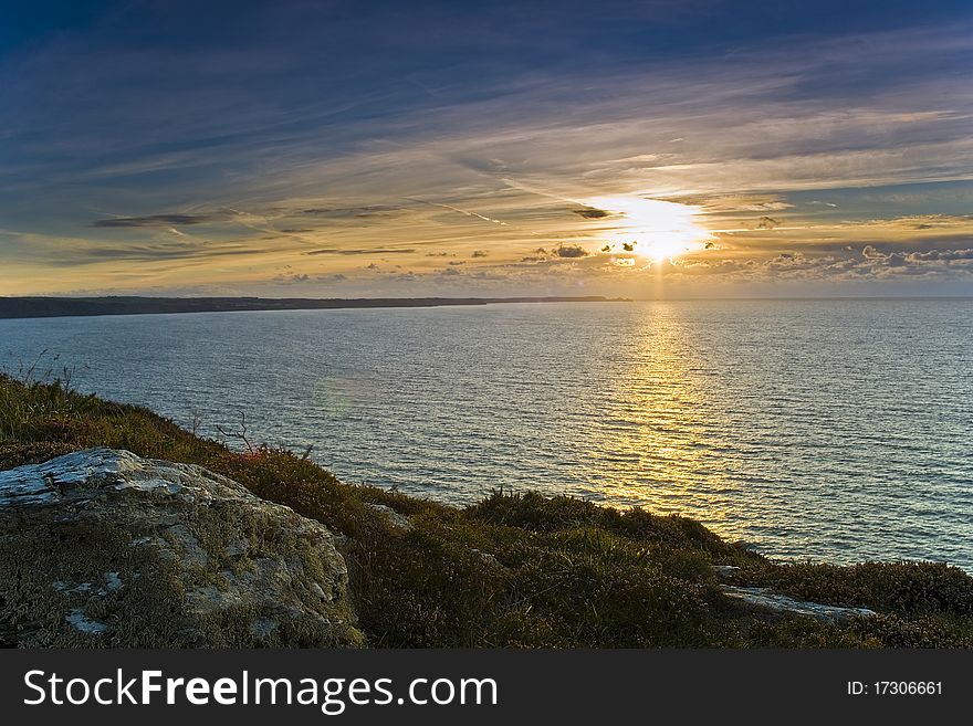 View from Backways Cove looking across Port Isaac Bay at Pentire Head on the north Cornwall coastline. View from Backways Cove looking across Port Isaac Bay at Pentire Head on the north Cornwall coastline