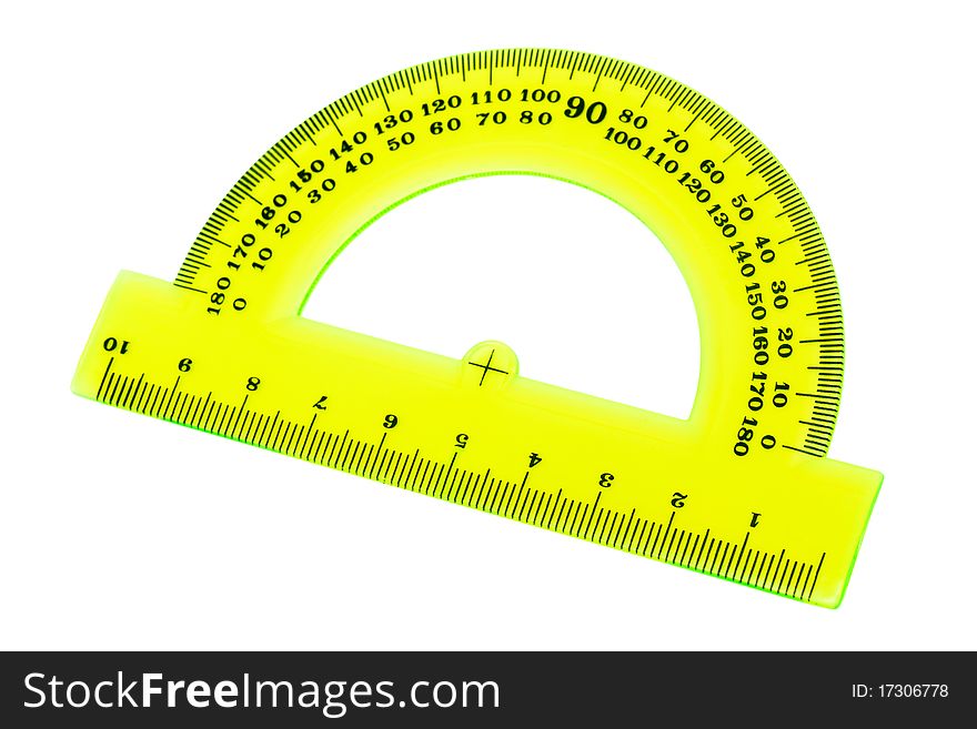 Yellow transparent protractor on a white background