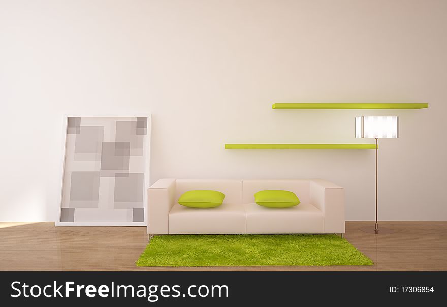 White interior composition iwth green furniture