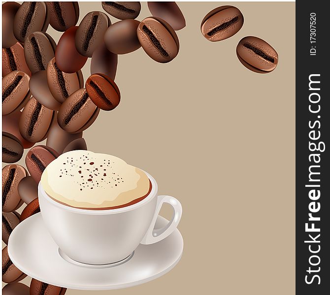 Cup of hot cappuccino on beige background with coffee beans. Cup of hot cappuccino on beige background with coffee beans