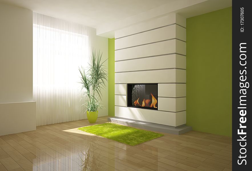 Green interior with fire and flower
