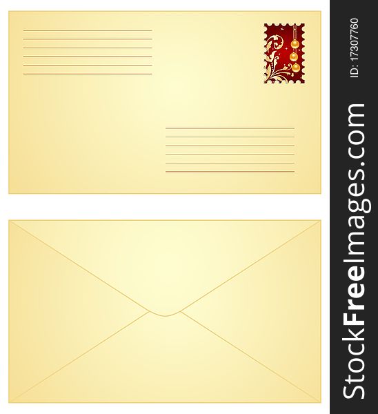 Yellow envelope with red Christmas stamp,  both sides. Vector illustration, isolated on a white. Yellow envelope with red Christmas stamp,  both sides. Vector illustration, isolated on a white.