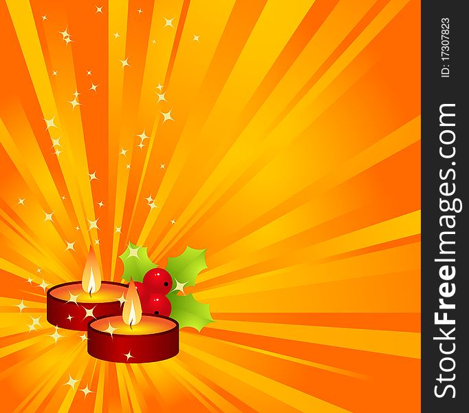 Orange christmas background with candles and holly berry. Vector illustration.