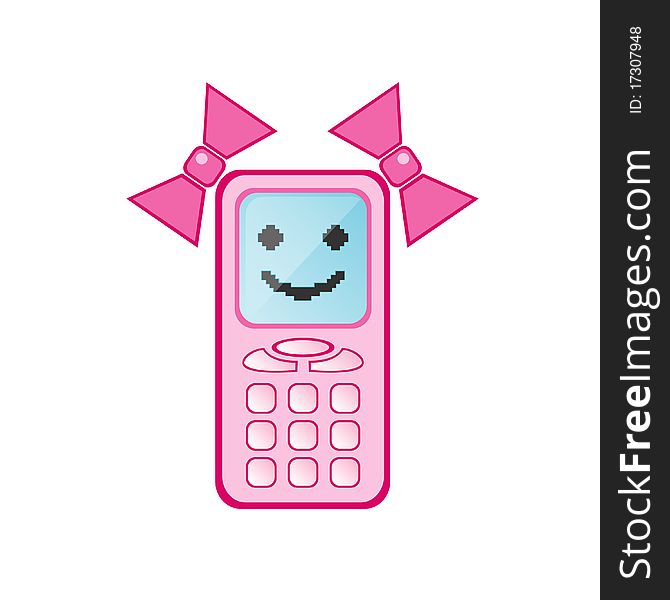 Vector illustration of girl mobile phone with smile face on the display and bows. Vector illustration of girl mobile phone with smile face on the display and bows